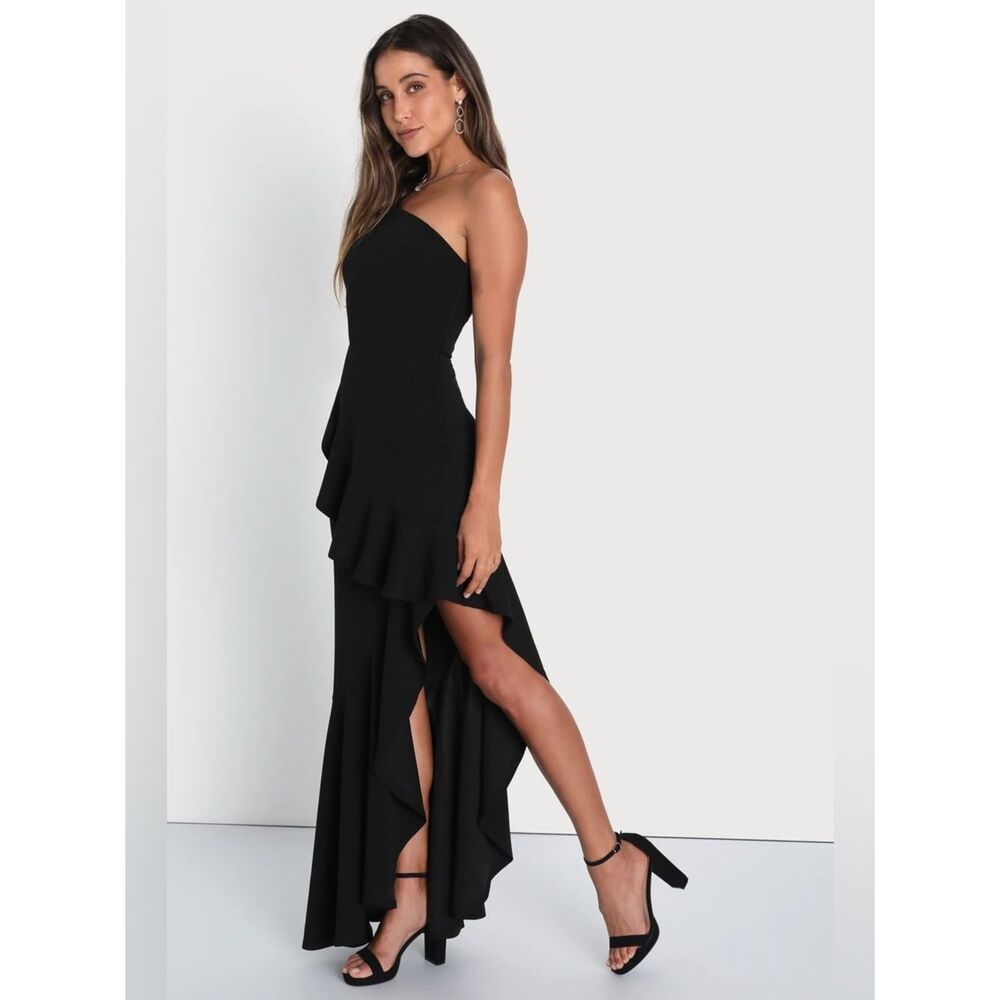 Lulus Dramatic Persona Black One-Shoulder Ruffled Maxi Dress Size XXL NWT